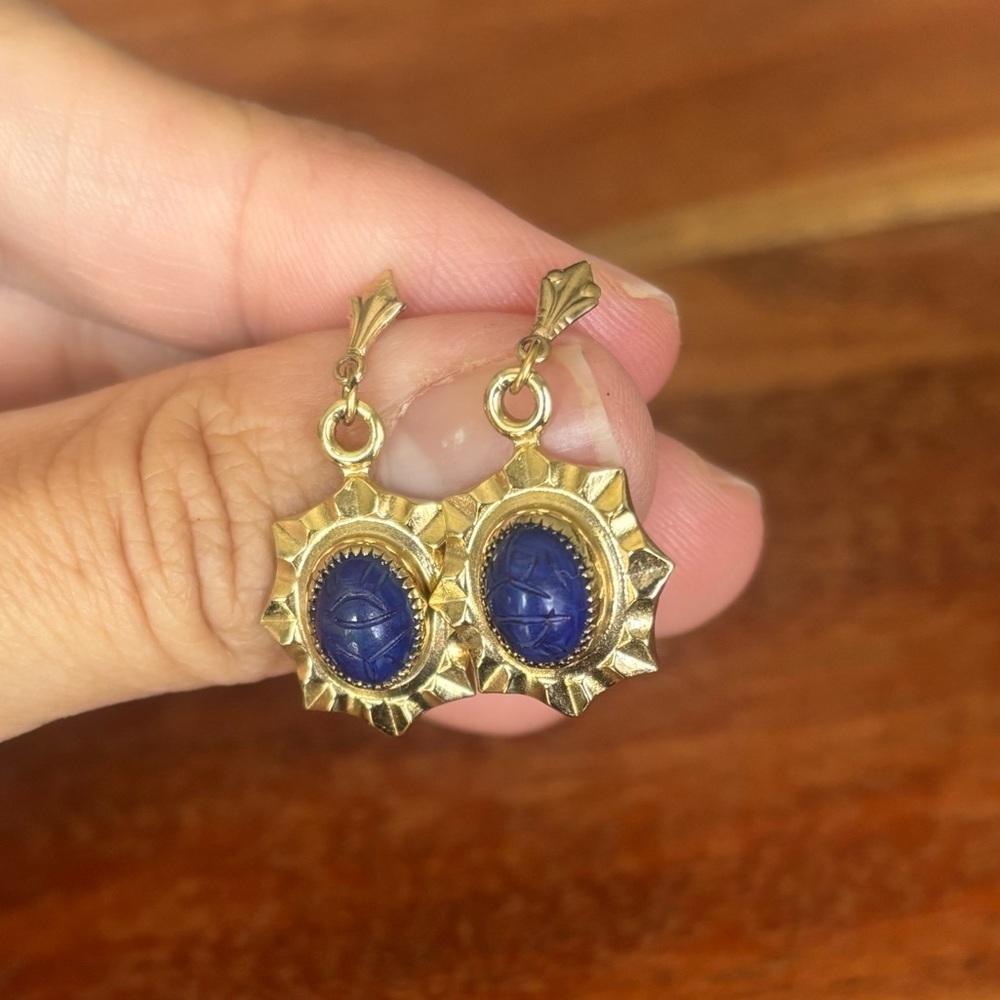 Vintage 18k GE Faux Blue Lapis Lazuli Dangle Earrings – Egyptian Revival Style